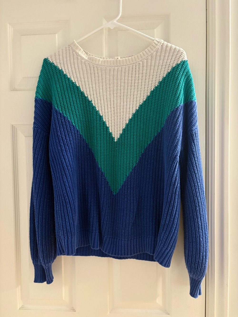 Vintage Colorblock Chevron Knit Sweater - Blue/Teal/White